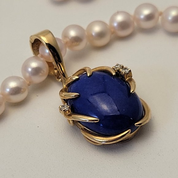 Stunning Large 14K Lapis & Diamond Pendant With Snap Close Bale Pearl Necklace - Picture 1 of 11
